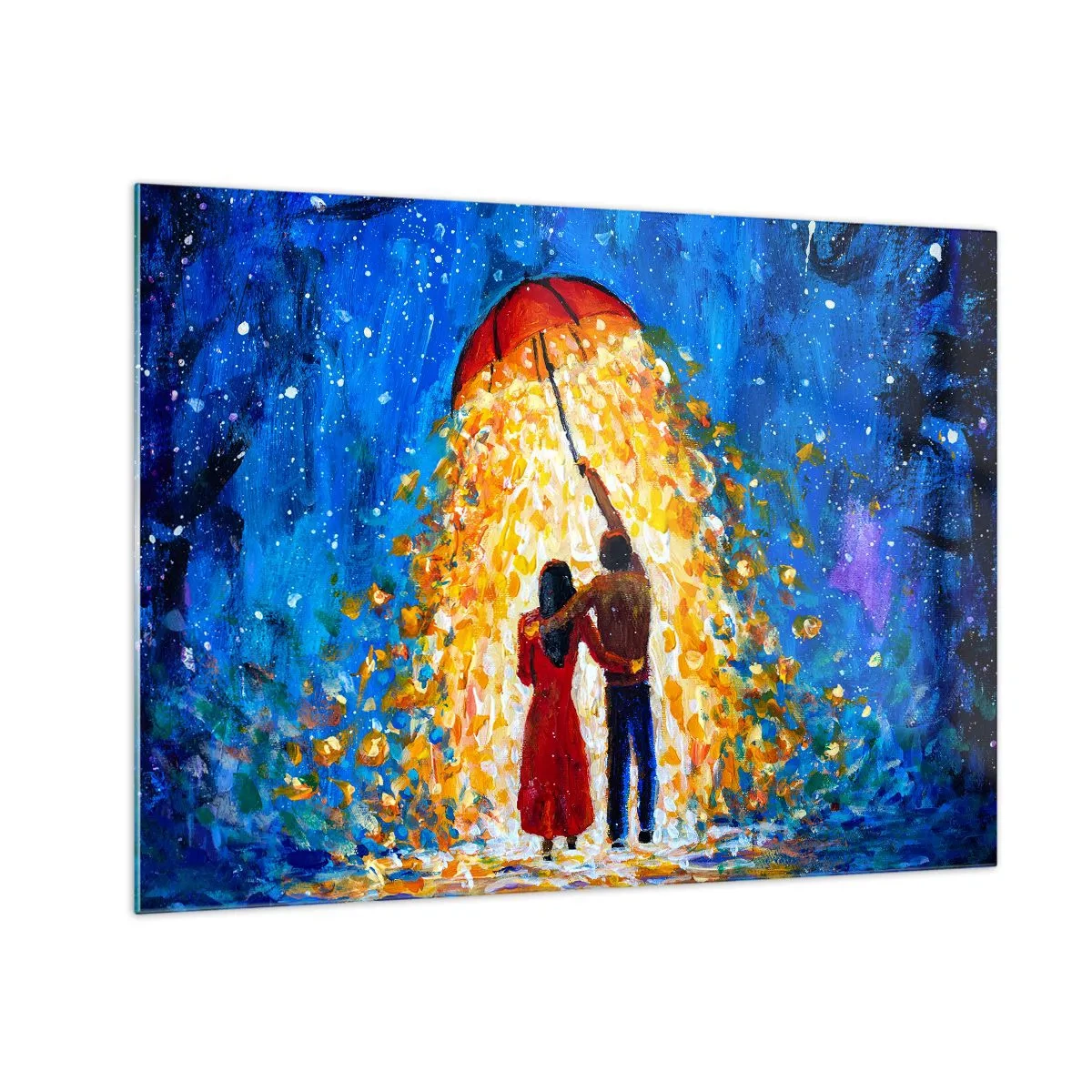 Glasbild - Bild auf glas - Ein Paar unter einem Regenschirm, umgeben von goldenem Licht vor dem Nachthimmel - 70x50cm - Zauber eines Regenabends? - Moderne Wanddekoration für Wohnzimmer und Schlafzimmer ARTTOR