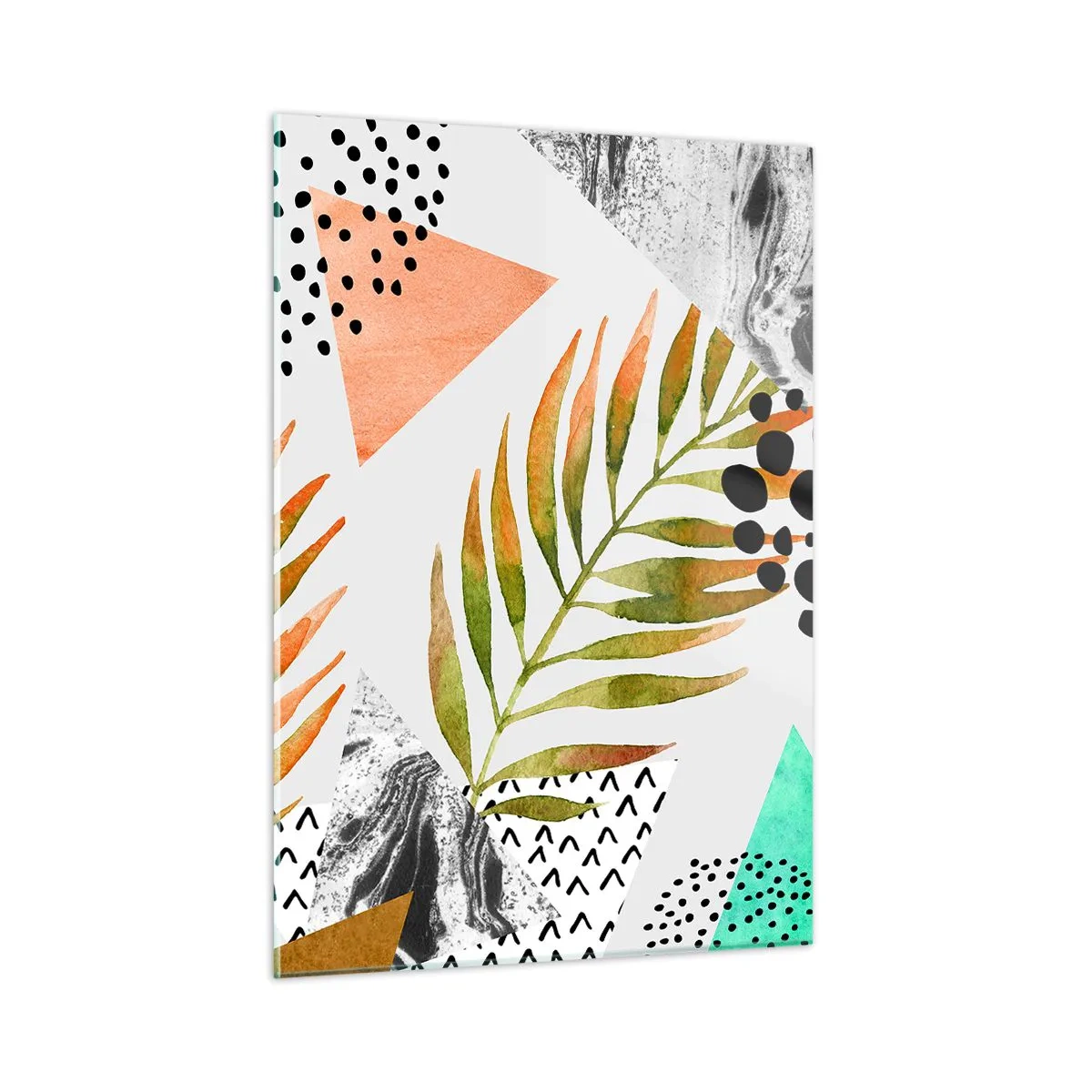 Glasbild - Bild auf glas - Geometrische Formen und Blätter in Pastellfarben - 50x70cm - Dekoration mit Palmblatt - Moderne Wanddekoration für Wohnzimmer und Schlafzimmer ARTTOR