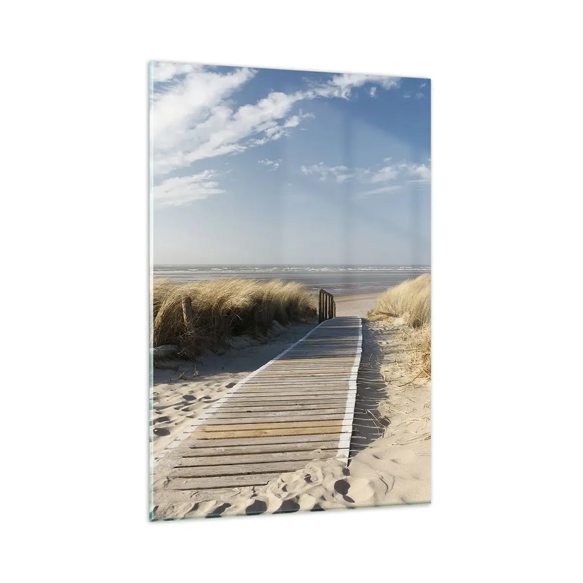 Glasbild - Bild auf glas - Ein Holzweg führt durch die Dünen zum ruhigen Meer - 80x120cm - Hinter der Düne, im Rauschen des Grases - Moderne Wanddekoration für Wohnzimmer und Schlafzimmer ARTTOR
