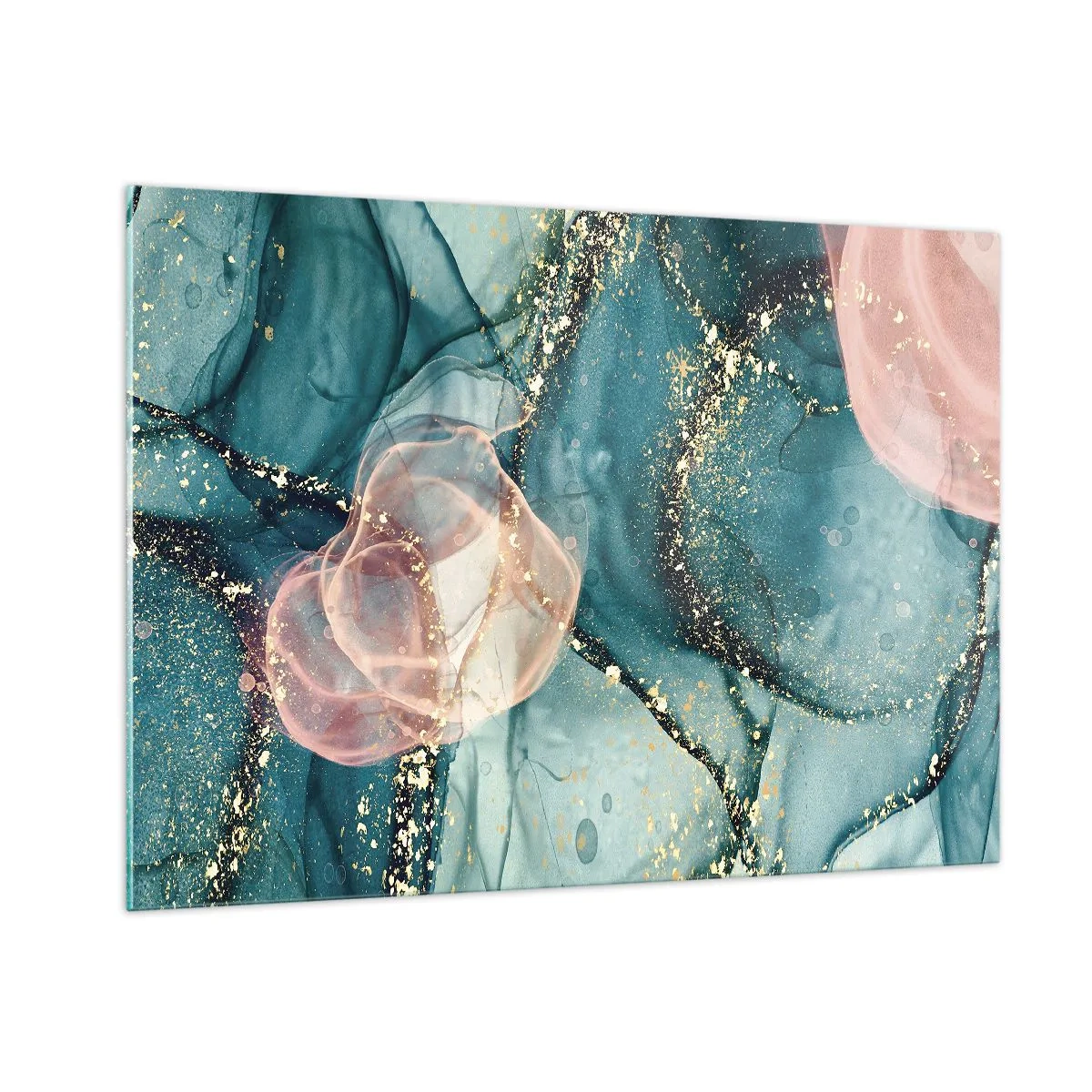 Glasbild - Bild auf glas - Abstrakte Formen in Blau und Pink mit goldenen Details - 100x70cm - Seidenblau, Tüllrosa - Moderne Wanddekoration für Wohnzimmer und Schlafzimmer ARTTOR