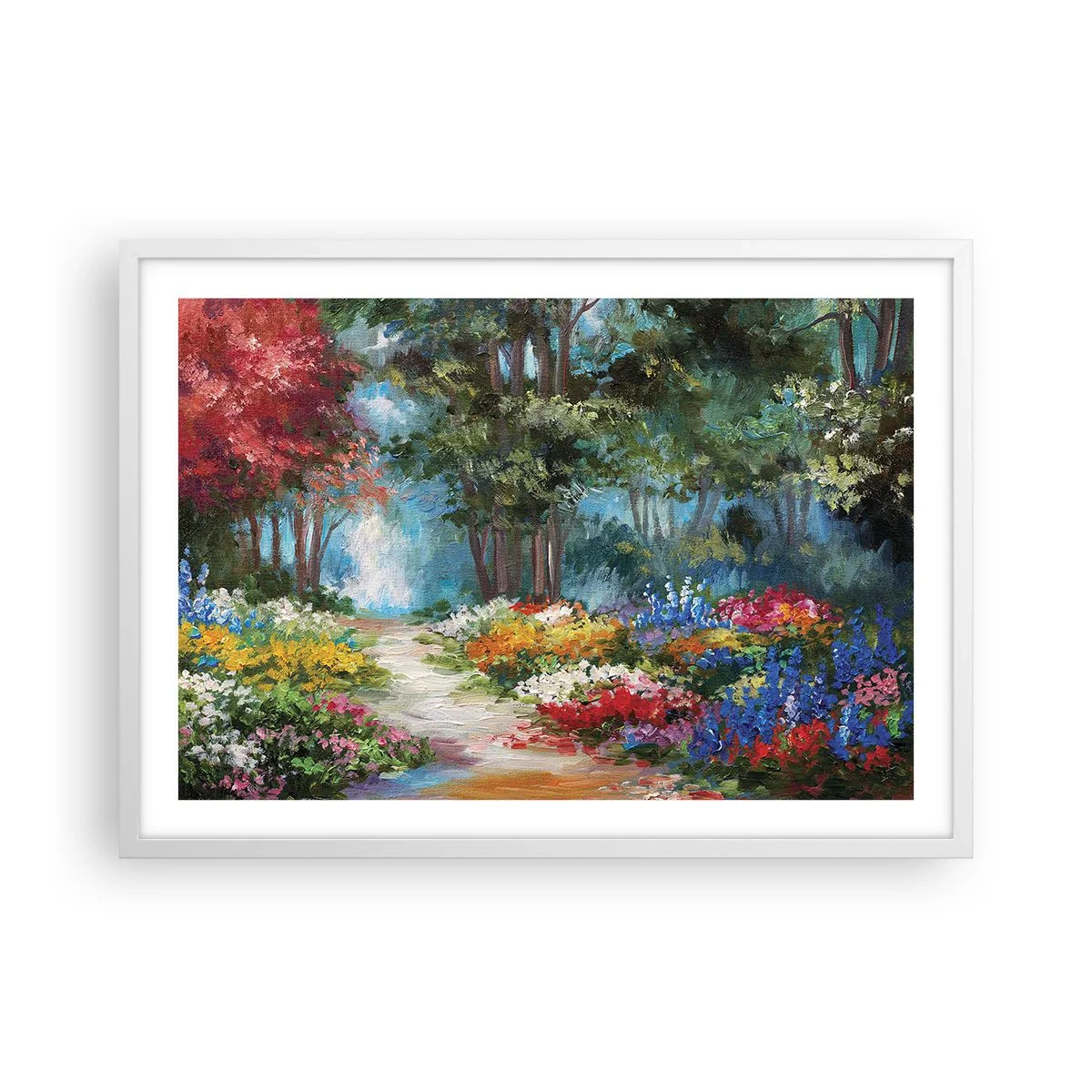 Poster in einem weißen Rahmen - Waldgarten, Blumenwald - 70x50 cm