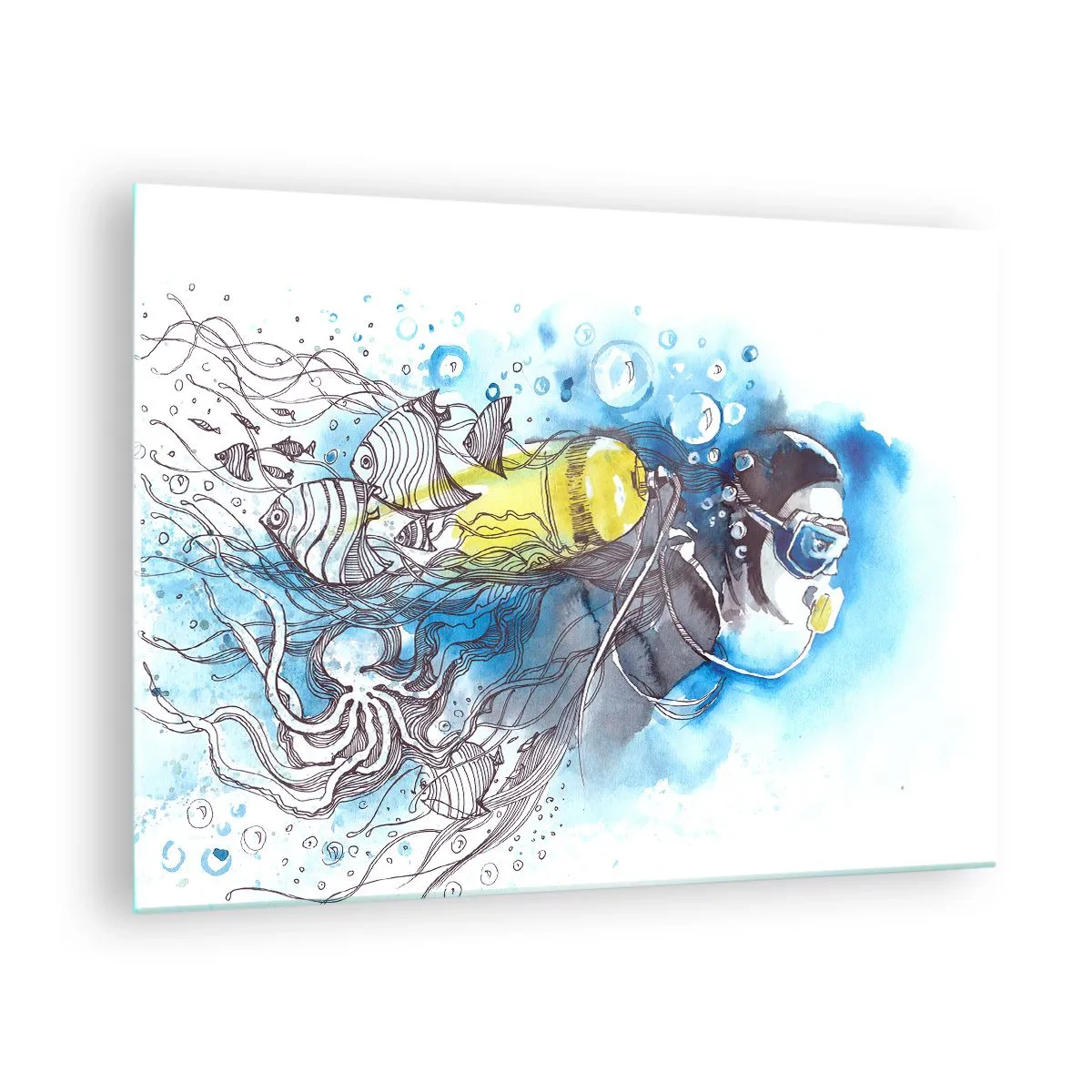 Glasbild - Bild auf glas - Taucher unter Wasser mit Fischen in künstlerischem Aquarell - 70x50cm - Tolles Blau - Moderne Wanddekoration für Wohnzimmer und Schlafzimmer ARTTOR