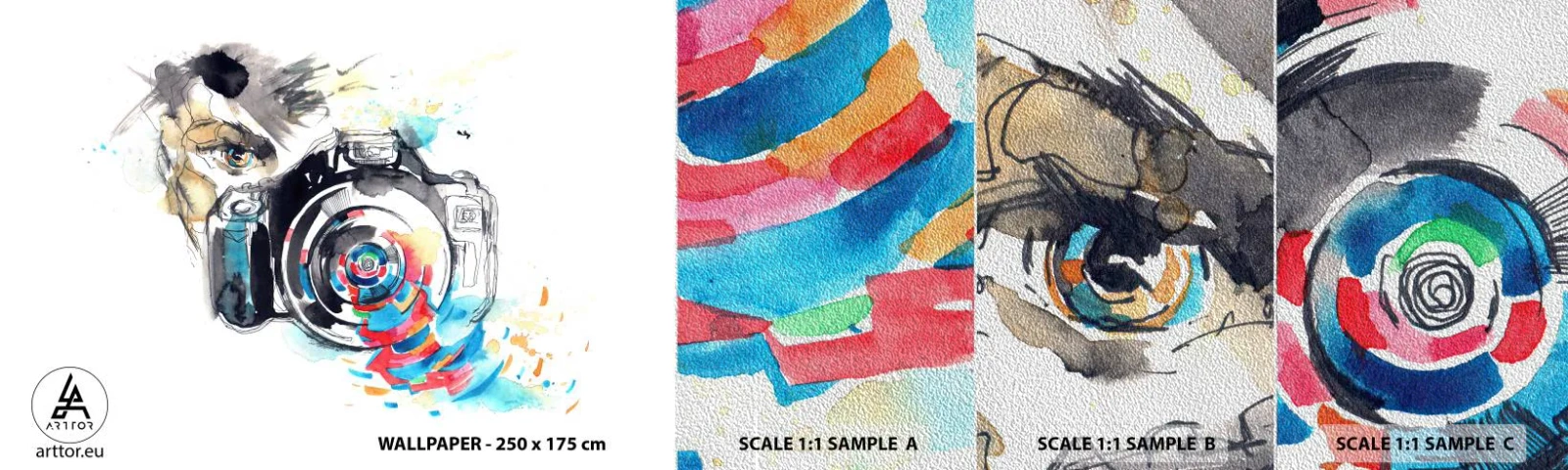 Fototapeten Muster Premium Sand - Im Auge der Linse - Abstraktion, Kamera, Fotograf - 100x30 cm