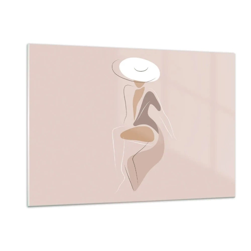 Glasbild - Bild auf glas - Silhouette einer Frau mit Hut auf beigem Hintergrund - 120x80cm - Eine Dame sein - Moderne Wanddekoration für Wohnzimmer und Schlafzimmer ARTTOR