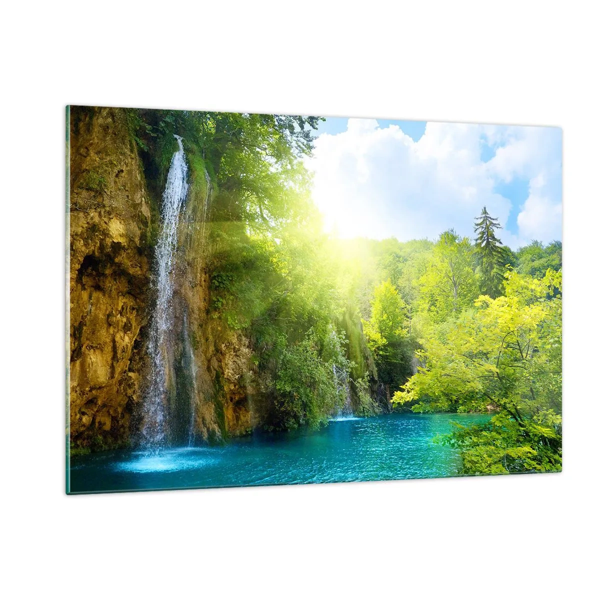 Glasbild - Bild auf glas - Ein Wasserfall, der in einen blauen See fließt, umgeben von Grün - 120x80cm - Es muss Eden sein - Moderne Wanddekoration für Wohnzimmer und Schlafzimmer ARTTOR