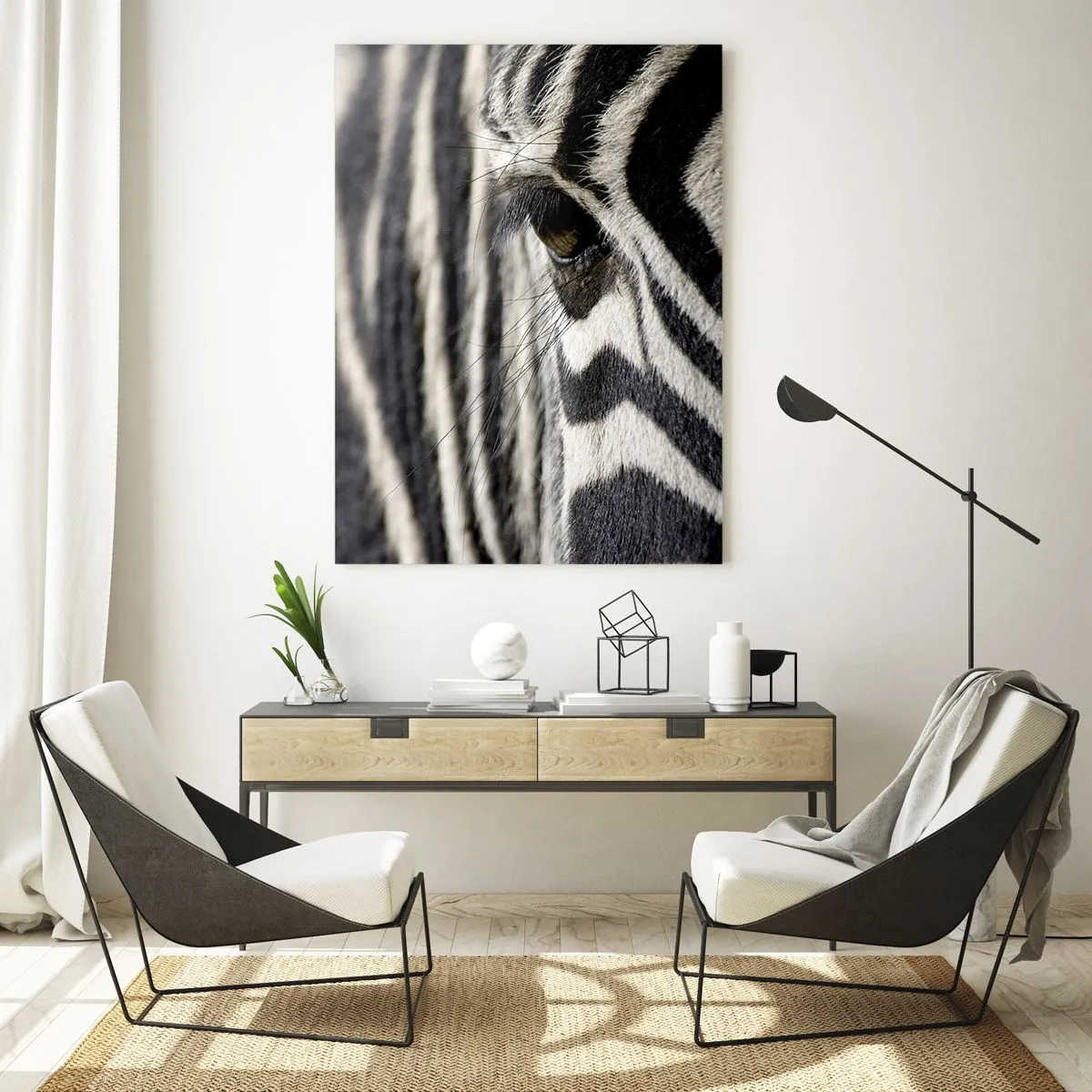 Glasbild - Bild auf glas - Nahaufnahme eines Zebraauges und schwarz-weißer Streifen - 50x70cm - Gestreiftes Porträt - Moderne Wanddekoration für Wohnzimmer und Schlafzimmer ARTTOR