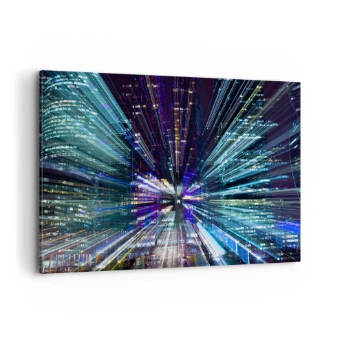 Bild auf Leinwand - Leinwandbild - Dynamische Ansicht der Stadt bei Nacht mit Lichteffekt - 100x70cm - Übergang zum Hyperraum - Moderne Wanddekoration für Wohnzimmer und Schlafzimmer ARTTOR