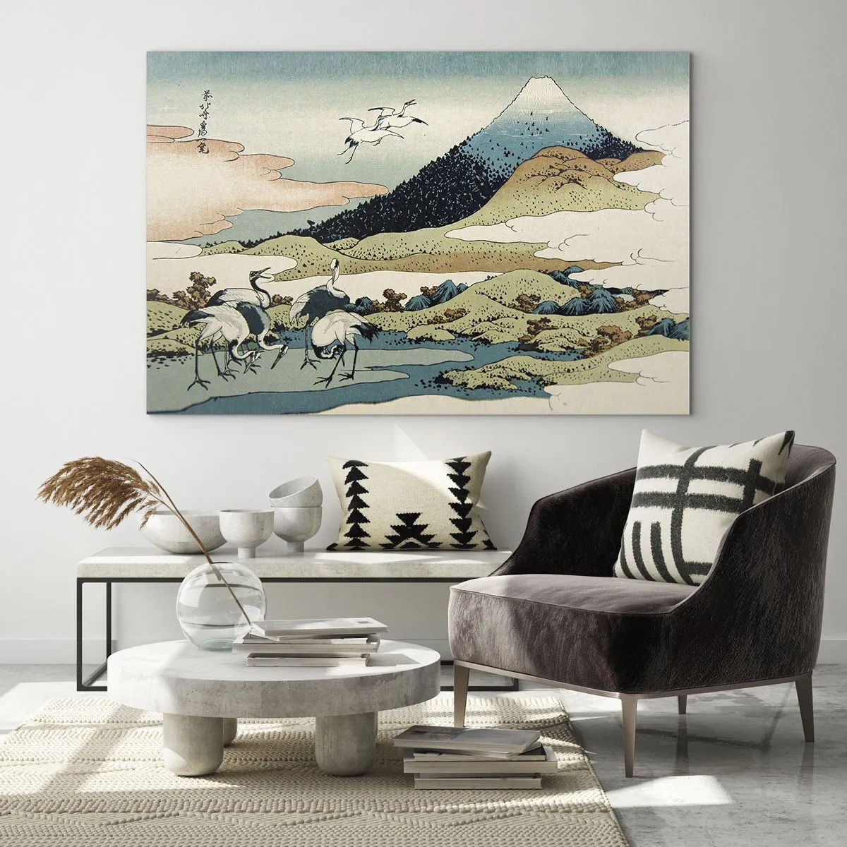 Glasbild - Bild auf glas - Ein Gemälde von Vögeln in einer japanischen Landschaft mit Blick auf den Berg Fuji. - 100x70cm - Im japanischen Geist - Moderne Wanddekoration für Wohnzimmer und Schlafzimmer ARTTOR