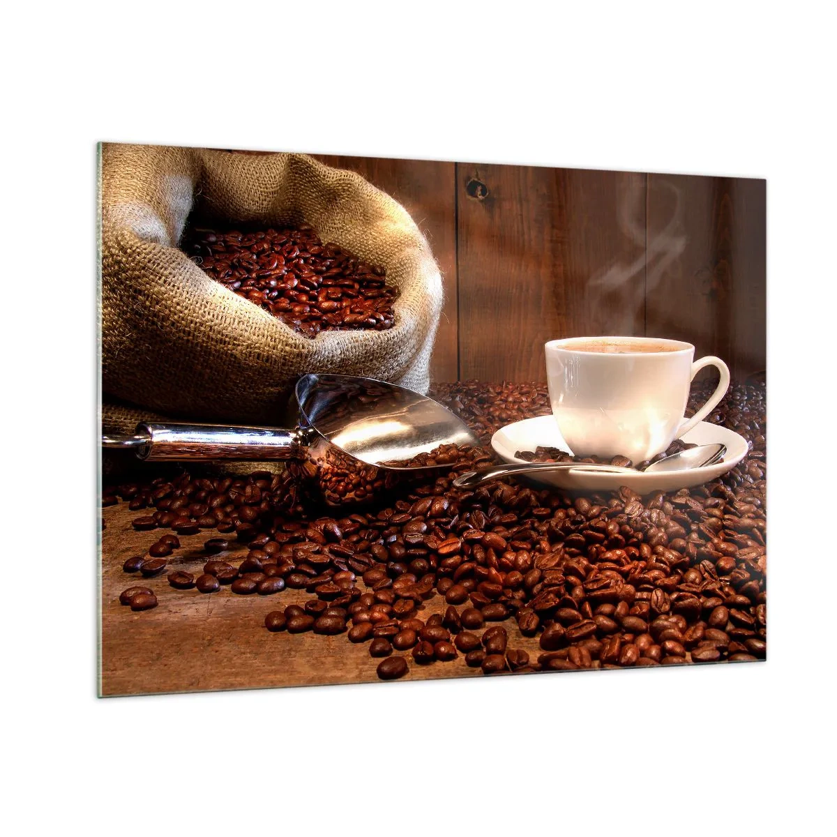 Glasbild - Bild auf glas - Eine Tasse Kaffee vor einem Hintergrund aus Bohnen und einem Jutebeutel - 100x70cm - Fühlst du diesen Geruch? - Moderne Wanddekoration für Wohnzimmer und Schlafzimmer ARTTOR