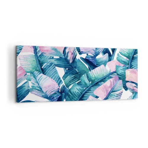 Bild auf Leinwand - Leinwandbild - Bananenblätter in Blau- und Rosatönen - 120x50cm - In einem Bananenhain - Moderne Wanddekoration für Wohnzimmer und Schlafzimmer ARTTOR