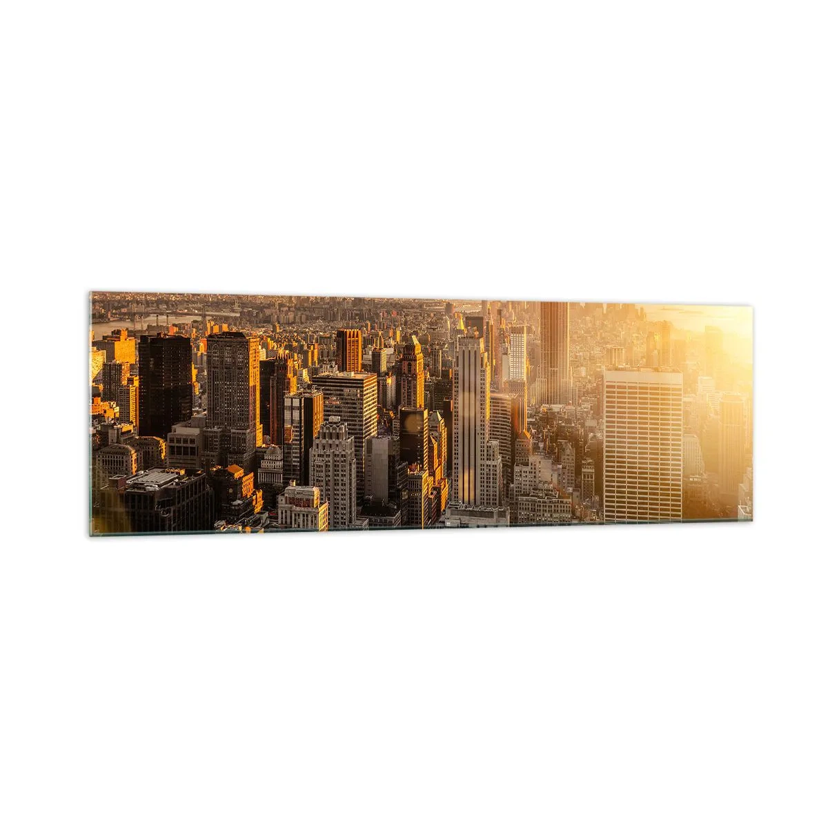 Glasbild - Bild auf glas - Skyline von New York City bei Sonnenuntergang mit Blick auf das Empire State Building - 160x50cm - In der Sonne wachsen - Moderne Wanddekoration für Wohnzimmer und Schlafzimmer ARTTOR