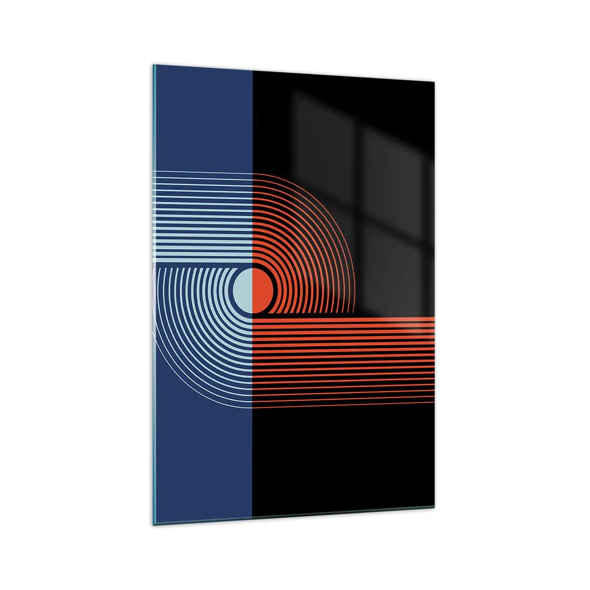 Glasbild - Bild auf glas - Geometrische Abstraktion mit Linien in Marineblau und Orange. - 70x100cm - In einer geometrischen Umarmung - Moderne Wanddekoration für Wohnzimmer und Schlafzimmer ARTTOR
