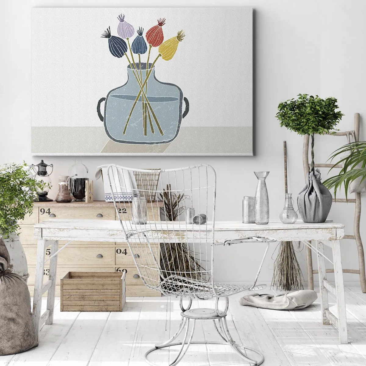 Bild auf Leinwand - Leinwandbild - Bunte Trockenblumen in einer Vase auf weißem Hintergrund - 70x50cm - Es ist mucksmäuschenstill - Moderne Wanddekoration für Wohnzimmer und Schlafzimmer ARTTOR