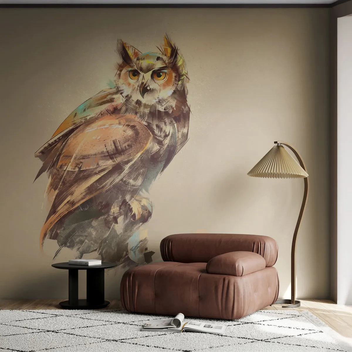 Fototapete Premium Sand - Die klügste Eule - bestätigt den Eichenwald - Eule, Vogel, Abstraktion - 100x70 cm