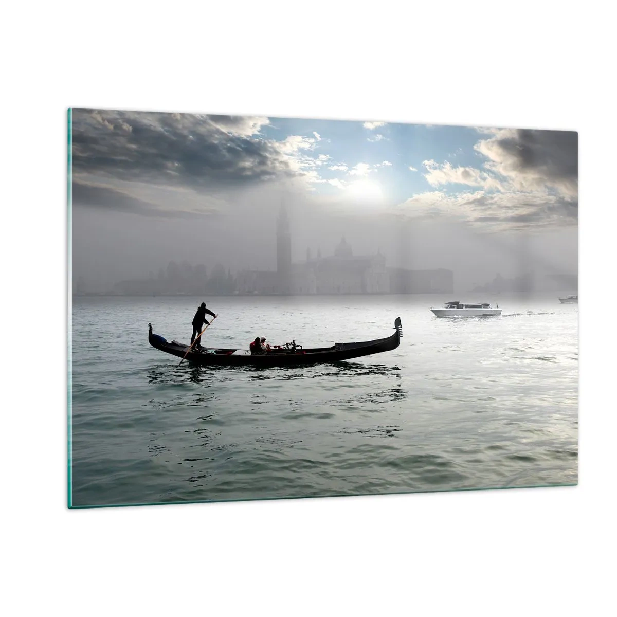Glasbild - Bild auf glas - Gondel auf den Gewässern von Venedig an einem nebligen Morgen - 120x80cm - Eine fabelhafte Stadt aus Wasser und Nebel - Moderne Wanddekoration für Wohnzimmer und Schlafzimmer ARTTOR