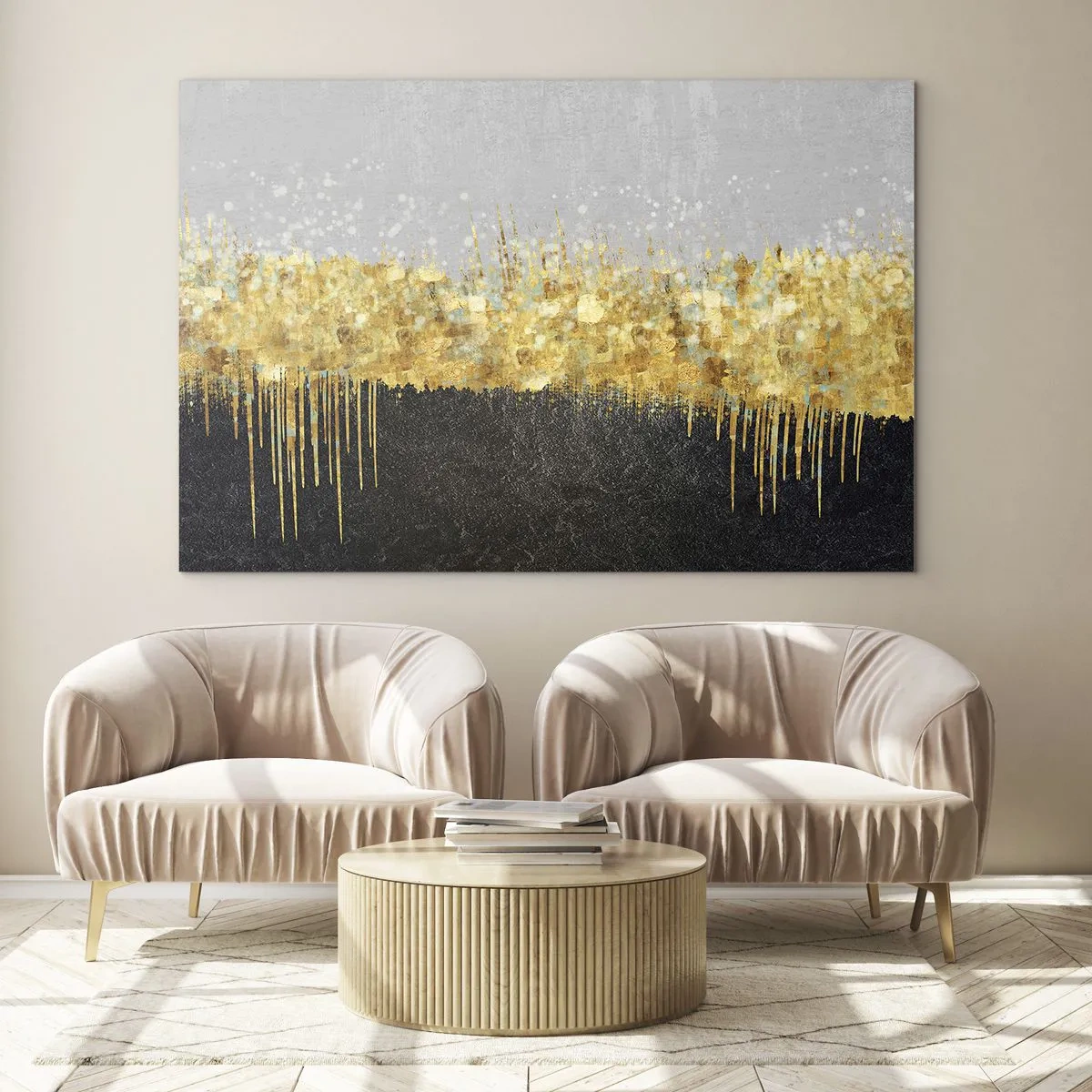 Glasbild - Bild auf glas - Goldene Abstraktion mit Schwarz-Grau-Kontrast - 70x50cm - Nach innen und nach oben - Moderne Wanddekoration für Wohnzimmer und Schlafzimmer ARTTOR