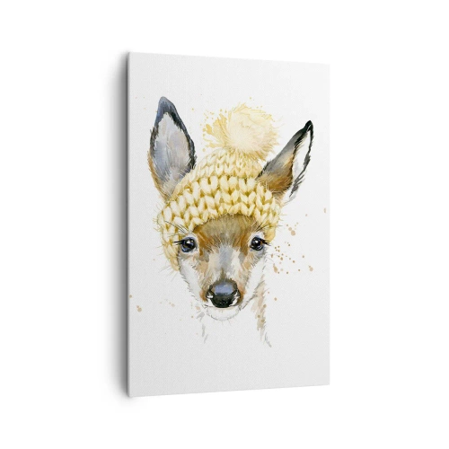 Bild auf Leinwand - Leinwandbild - Aquarell Hirsch in einer gelben Mütze - 80x120cm - Für den Winter im verschneiten Wald - Moderne Wanddekoration für Wohnzimmer und Schlafzimmer ARTTOR