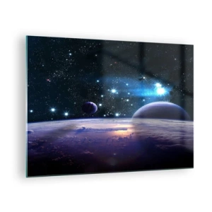 Glasbild - Bild auf glas - Eine Weltraumlandschaft mit Planeten und Sternen vor dem Hintergrund einer Galaxie. - 70x50cm - Noch allein? - Moderne Wanddekoration für Wohnzimmer und Schlafzimmer ARTTOR