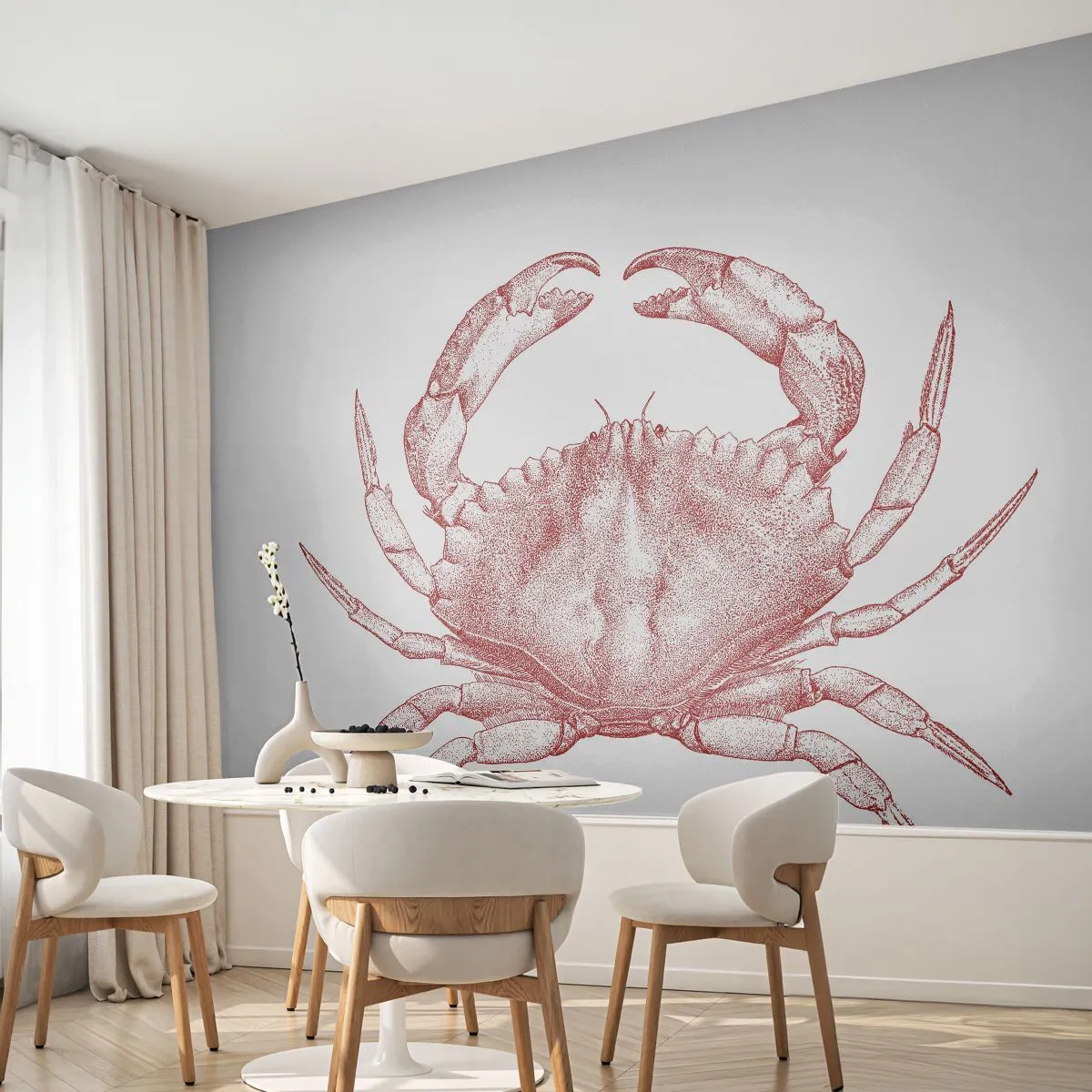 Fototapete Premium Sand - Rote Krabbenillustration auf hellem Hintergrund im grafischen Stil - 100x70cm - Krabbe aller Krabben - Moderne Wanddekoration für Wohnzimmer und Schlafzimmer ARTTOR
