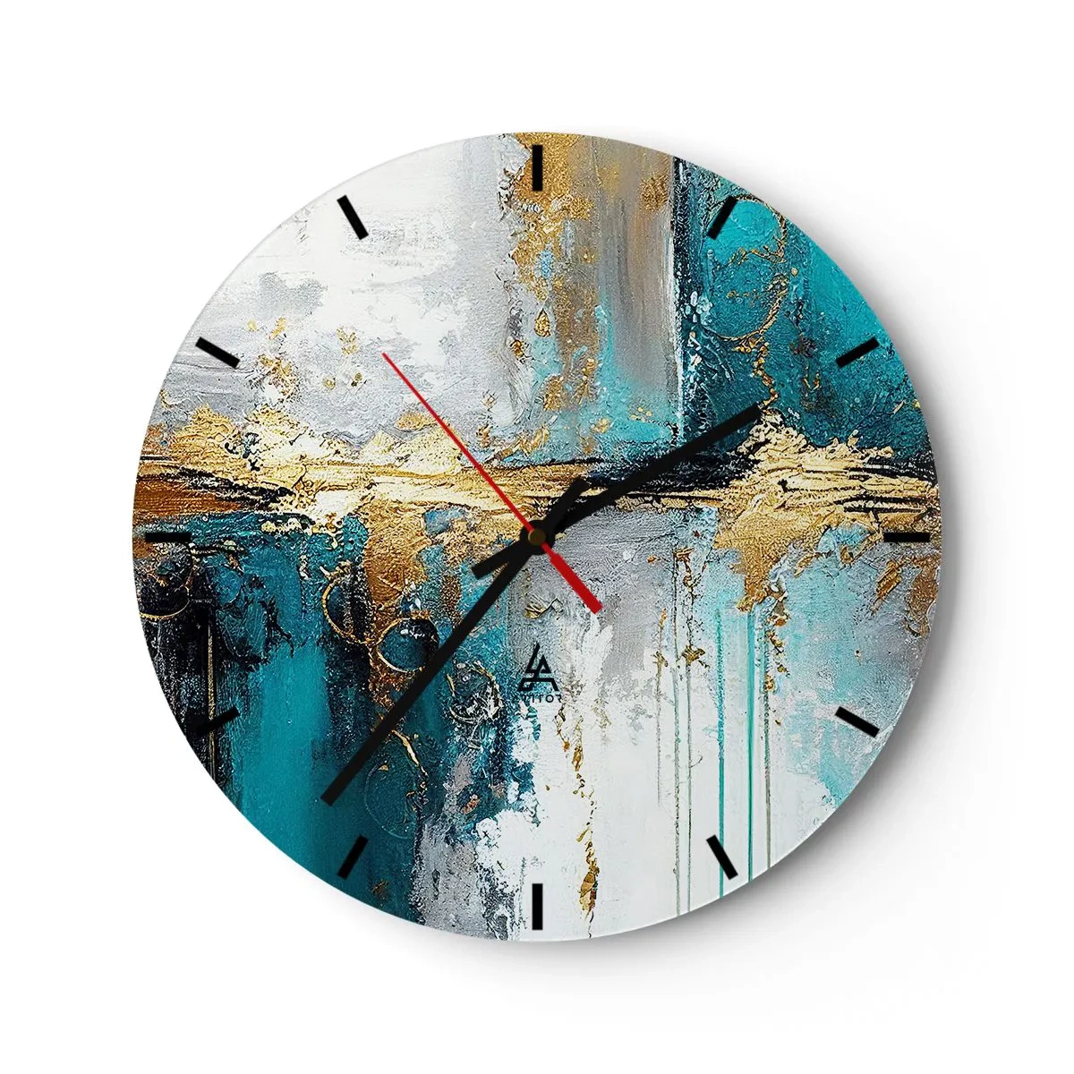 Wanduhr - Glasuhr - Abstrakte Pinselstriche in Türkis, Weiß und Gold - 30x30cm - Alles fließt - Moderne Wanddekoration für Wohnzimmer, Küche und Schlafzimmer ARTTOR