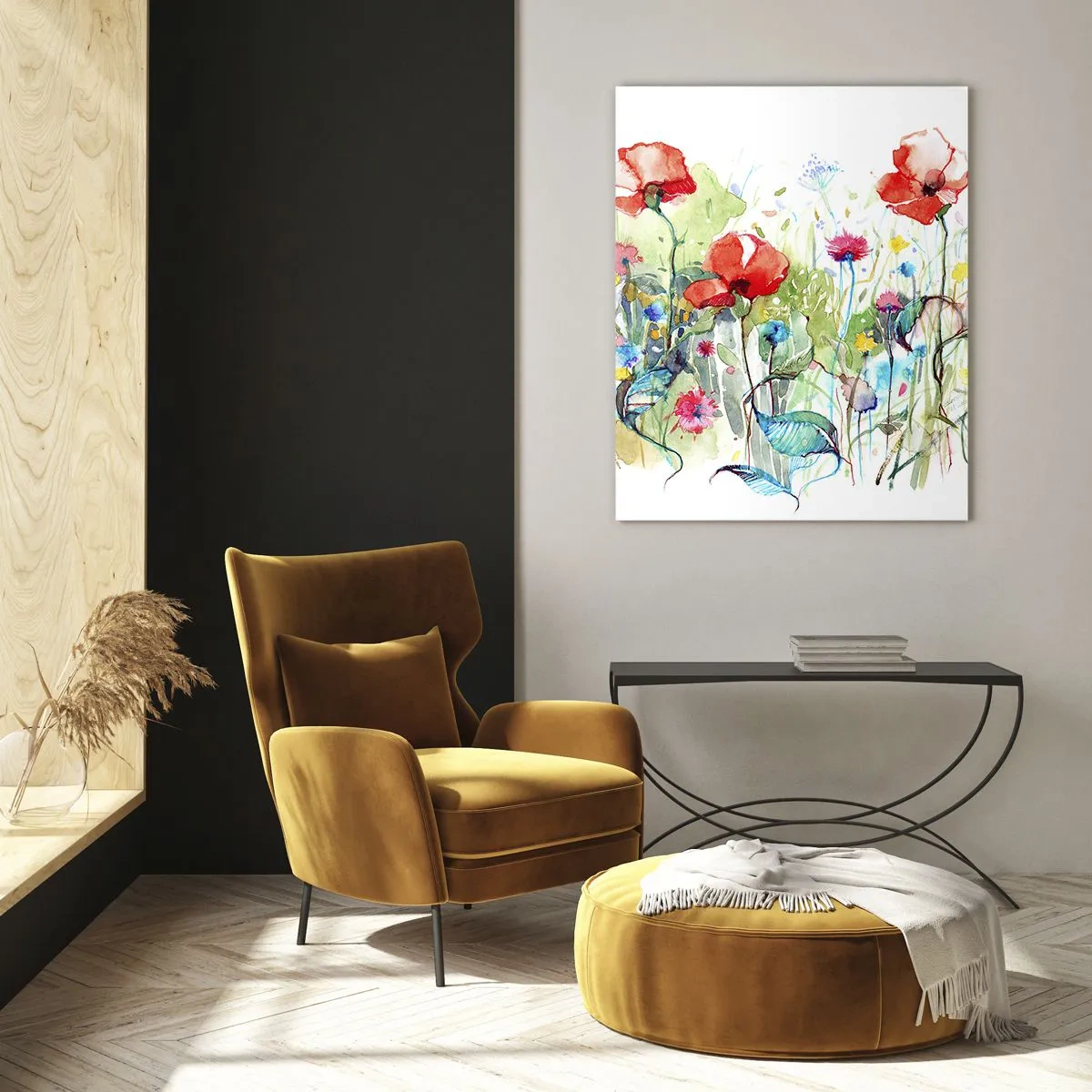 Glasbild - Bild auf glas - Eine Wiese mit roten Mohnblumen und bunten Blumen in Aquarell - 70x100cm - Blühende Maiwiese - Moderne Wanddekoration für Wohnzimmer und Schlafzimmer ARTTOR