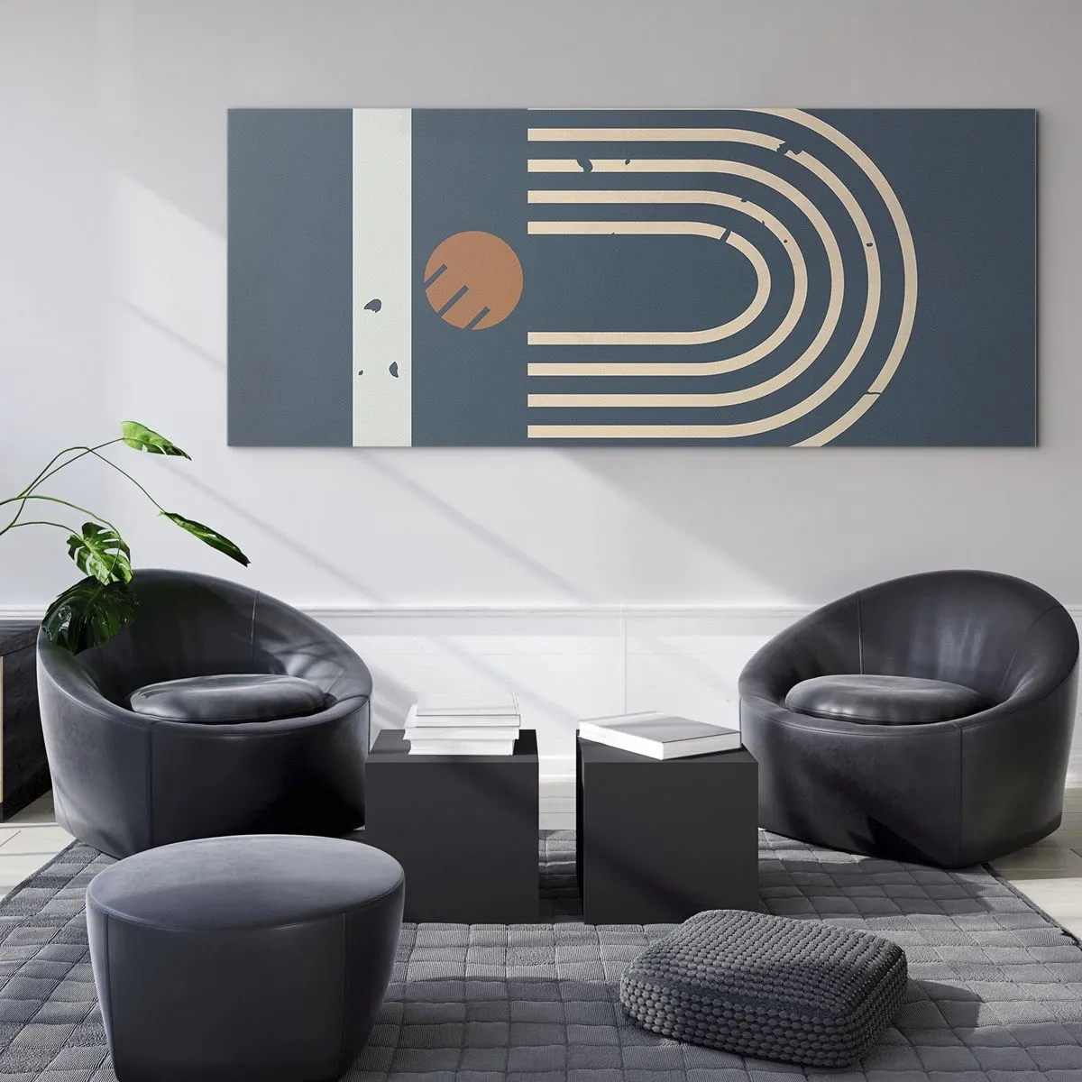 Glasbild - Bild auf glas - Geometrisches Muster in Marineblau-, Beige- und Orangetönen auf dunklem Hintergrund - 120x50cm - Geometrie auf dem Granatapfel - Moderne Wanddekoration für Wohnzimmer und Schlafzimmer ARTTOR