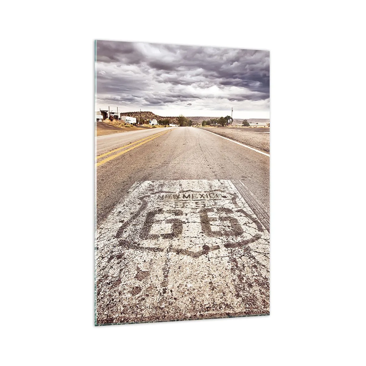 Glasbild - Bild auf glas - Route 66 in einem Wüstenklima mit malerischem Himmel - 70x100cm - Mother Road - eine amerikanische Legende - Moderne Wanddekoration für Wohnzimmer und Schlafzimmer ARTTOR