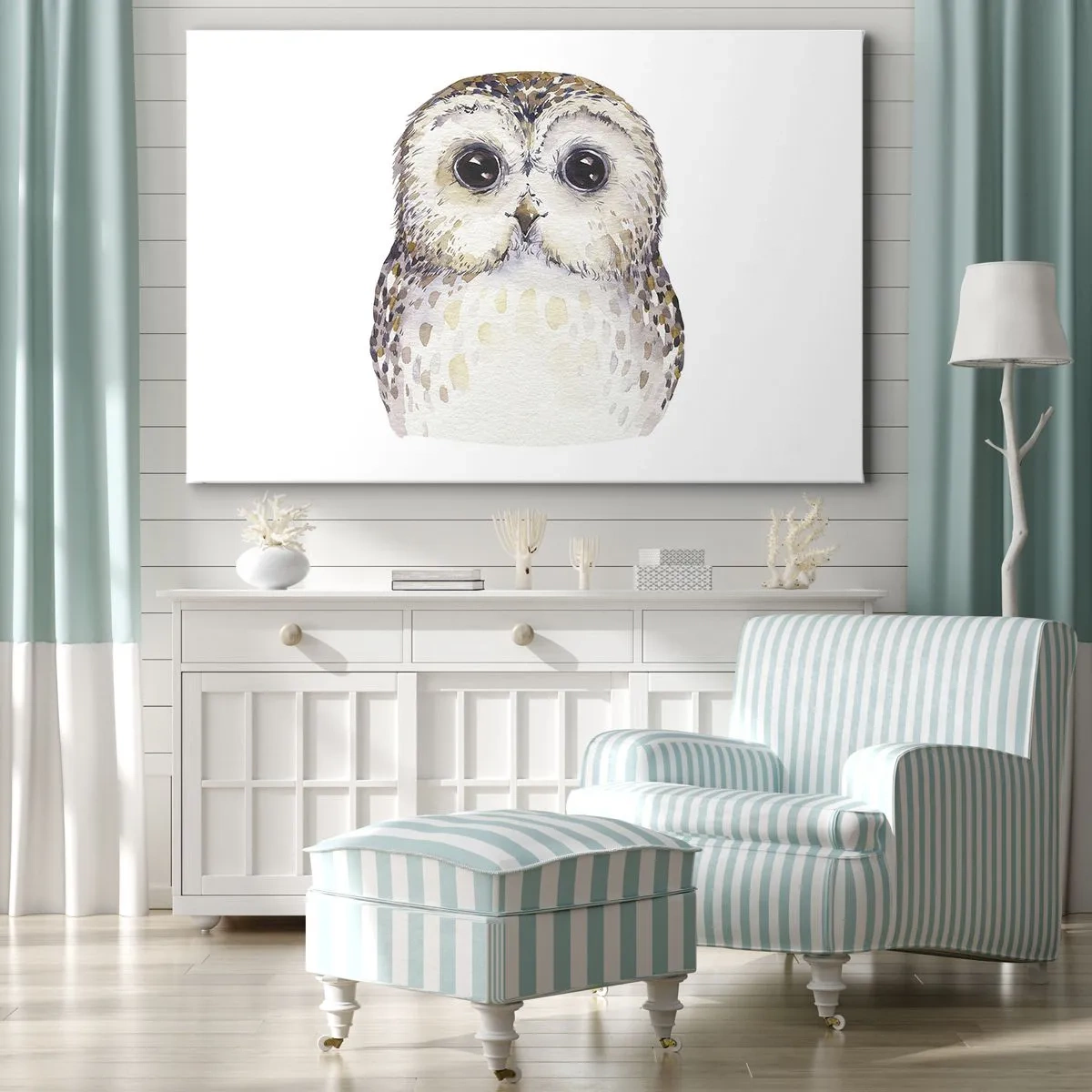 Bild auf Leinwand - Leinwandbild - Porträt einer Eule auf hellem Hintergrund mit zarten Farben - 70x50cm - Schau mir in die Augen - Moderne Wanddekoration für Wohnzimmer und Schlafzimmer ARTTOR