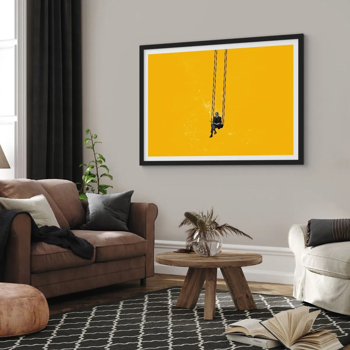 Poster in einem schwarzem Rahmen - Eine Person auf einer Schaukel vor einem intensiv gelben Hintergrund - 70x50cm - Tag wie jeder andere - Moderne Wanddekoration für Wohnzimmer und Schlafzimmer ARTTOR