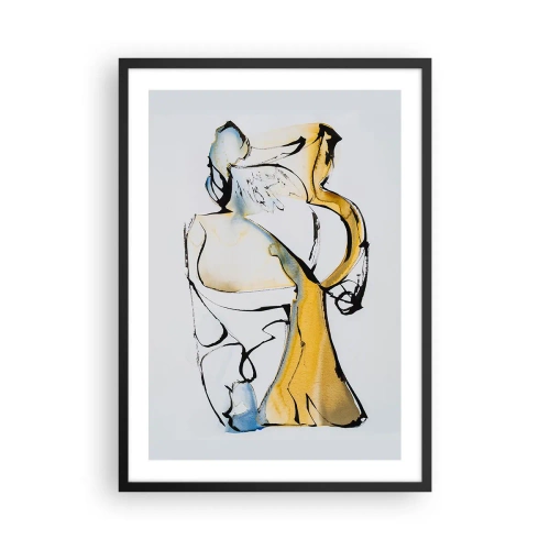 Poster in einem schwarzem Rahmen - Eine abstrakte Figur in Schwarz, Gelb und Blau, die Bewegung und Emotionen ausdrückt. - 50x70cm - Abstraktion aus Glas - Moderne Wanddekoration für Wohnzimmer und Schlafzimmer ARTTOR