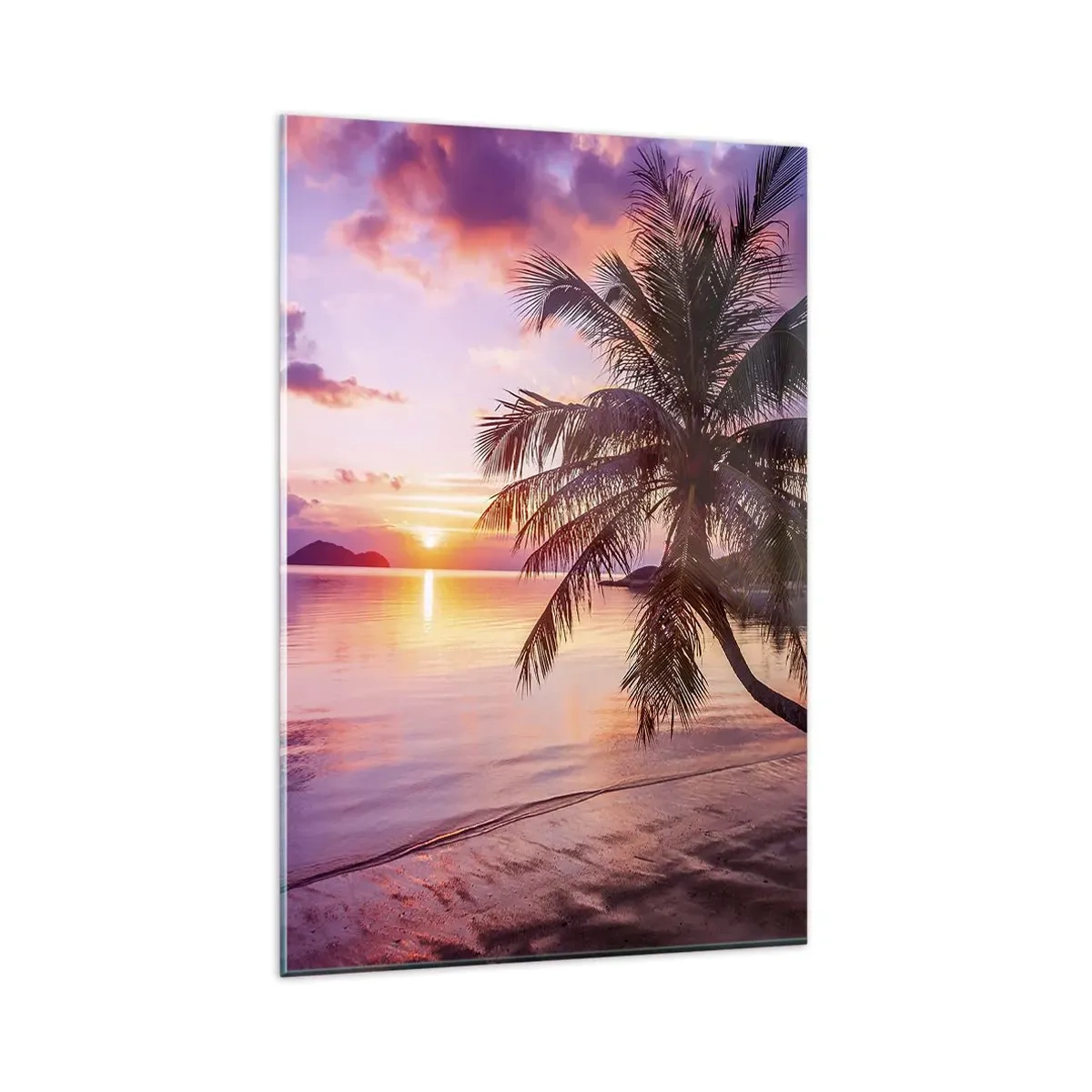 Glasbild - Bild auf glas - Tropischer Strand mit Palmen bei Sonnenuntergang - 80x120cm - Behaglichkeit bis zum Horizont - Moderne Wanddekoration für Wohnzimmer und Schlafzimmer ARTTOR