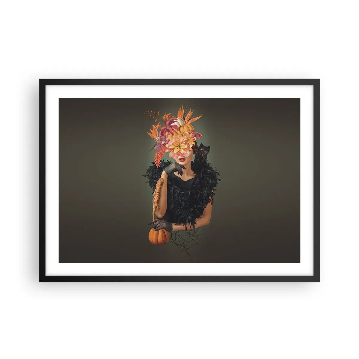 Poster in einem schwarzem Rahmen - Frauenbildnis mit Herbstmotiven und Katze - 70x50cm - Der Zauber einer Hexe - Moderne Wanddekoration für Wohnzimmer und Schlafzimmer ARTTOR