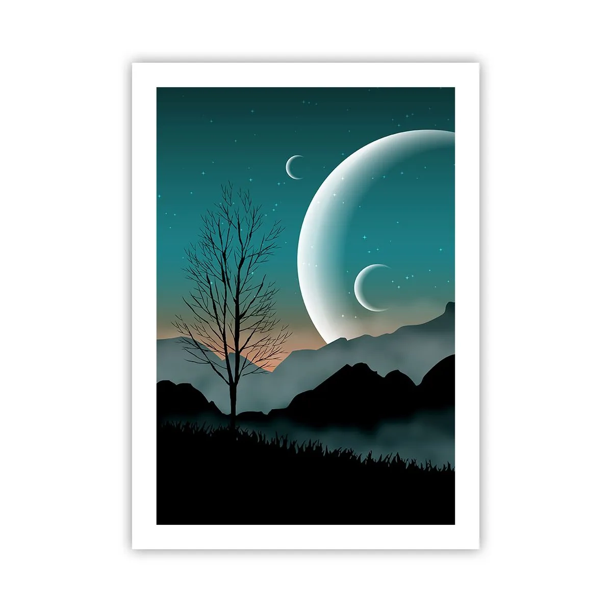 Poster - Künstlerische Landschaft mit dem Mond vor der Kulisse von Bergen und Bäumen - 50x70cm - Karneval in der Sternenacht - Moderne Wanddekoration für Wohnzimmer und Schlafzimmer ARTTOR