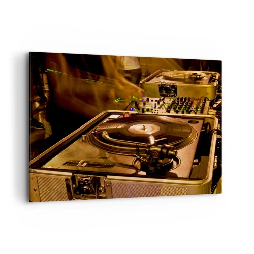 Bild auf Leinwand - Leinwandbild - DJ-Equipment mit Plattenspieler und Mixer während einer Party - 100x70cm - Kannst du die Kraft spüren? - Moderne Wanddekoration für Wohnzimmer und Schlafzimmer ARTTOR