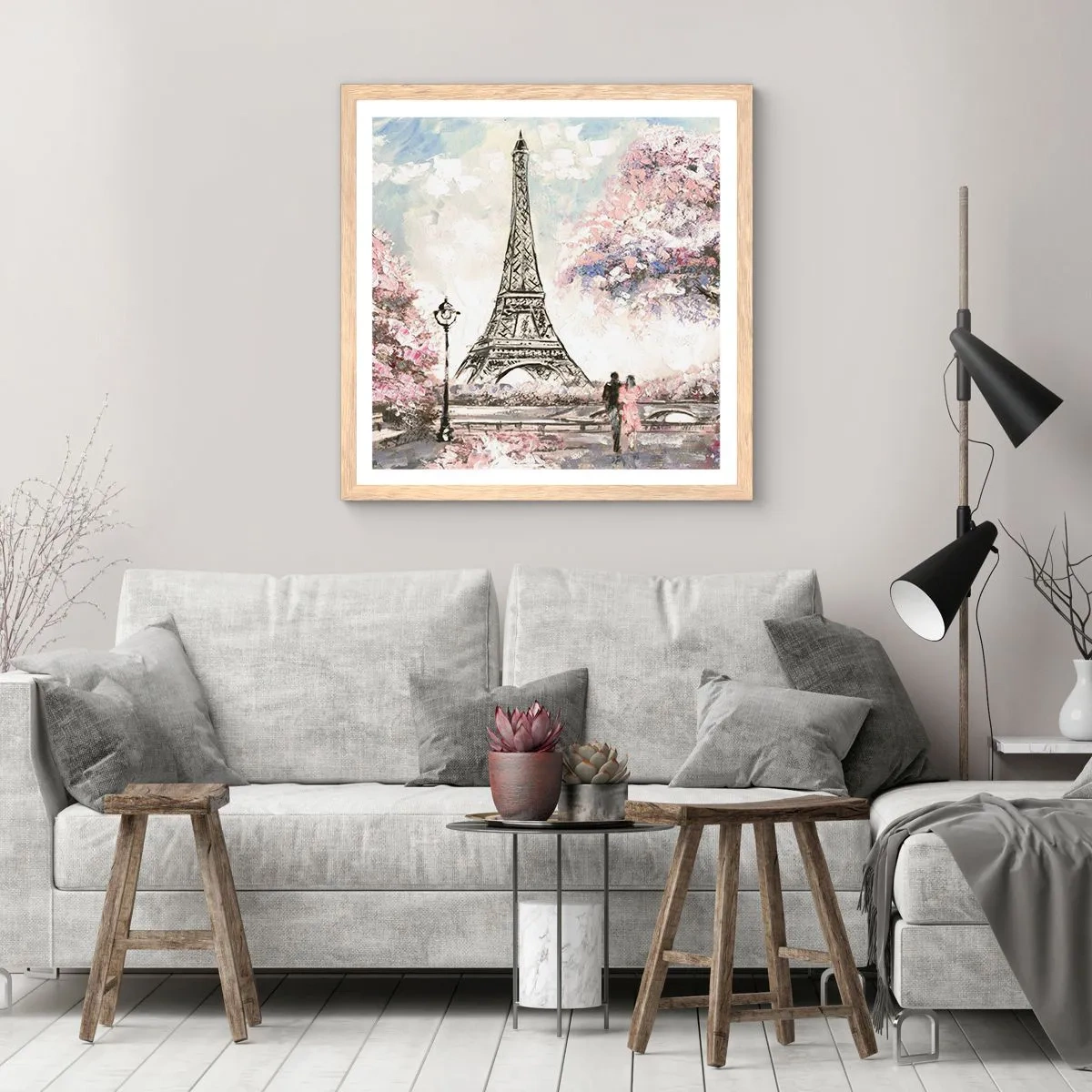 Poster in einem Rahmen aus heller Eiche - Aprilspaziergang durch Paris - 60x60 cm