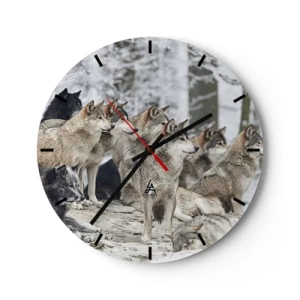 Wanduhr - Glasuhr - Ein Rudel Wölfe in einem Winterwald in einer natürlichen Umgebung - 30x30cm - Familie und Freunde - Moderne Wanddekoration für Wohnzimmer, Küche und Schlafzimmer ARTTOR
