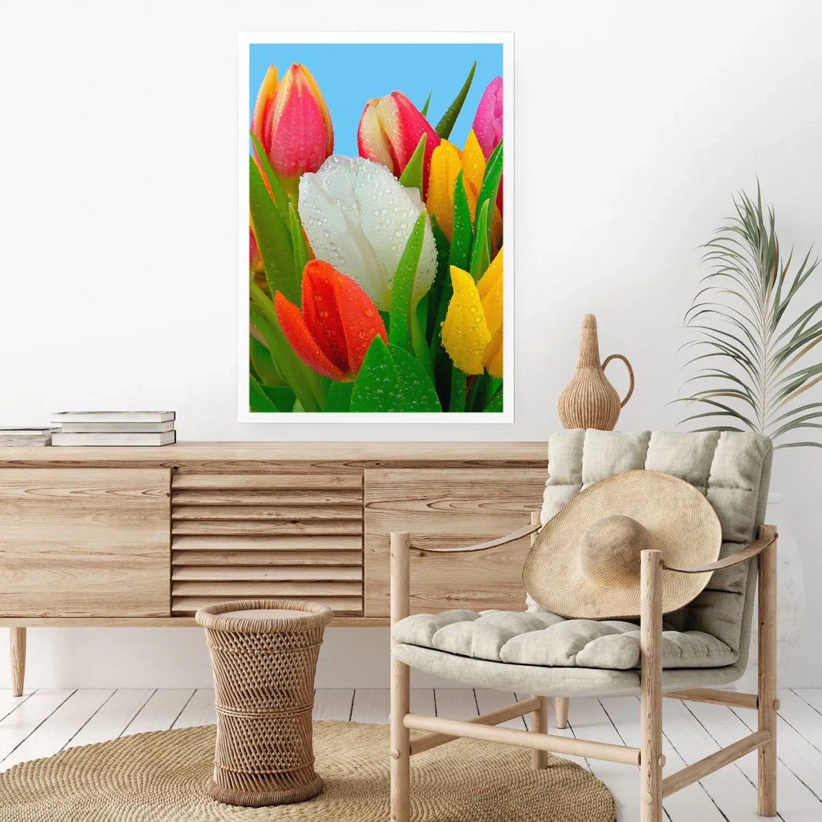 Poster - Bunte Tulpen mit Tautropfen auf ihren Blütenblättern - 50x70cm - Ein blumiger Regenbogen in Tautropfen - Moderne Wanddekoration für Wohnzimmer und Schlafzimmer ARTTOR