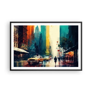 Poster in einem schwarzem Rahmen - New York – selbst der Regen ist hier bunt - 91x61 cm