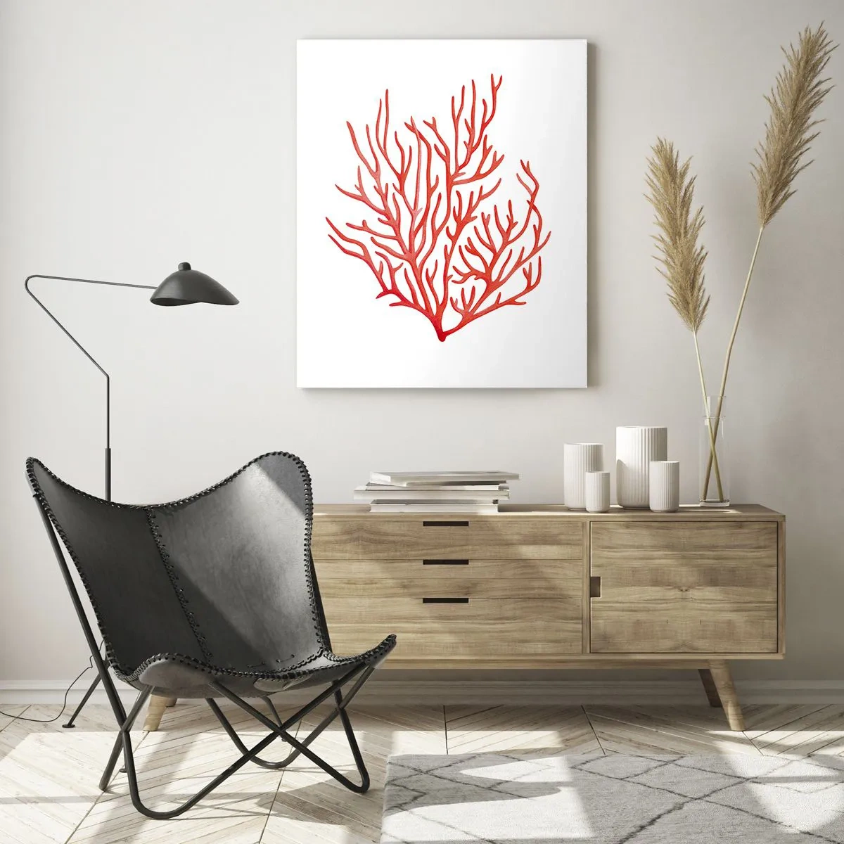 Glasbild - Bild auf glas - Rote Koralle mit filigraner Struktur auf weißem Untergrund - 50x70cm - Korallenfiligran - Moderne Wanddekoration für Wohnzimmer und Schlafzimmer ARTTOR