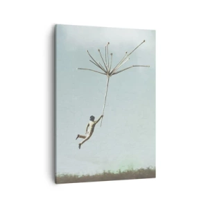 Bild auf Leinwand - Leinwandbild - Eine Figur, die von einem großen Löwenzahnsamen hochgehoben wird - 50x70cm - Drachen, Löwenzahn, Wind - Moderne Wanddekoration für Wohnzimmer und Schlafzimmer ARTTOR