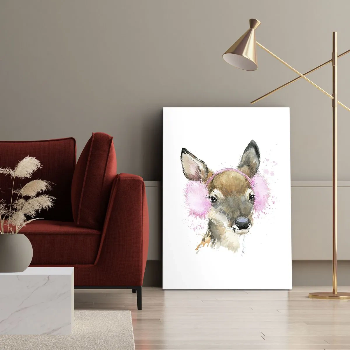 Bild auf Leinwand - Leinwandbild - Aquarell Hirsch in rosa Ohrenschützern - 50x70cm - Und der Frost ist nicht mehr schrecklich - Moderne Wanddekoration für Wohnzimmer und Schlafzimmer ARTTOR