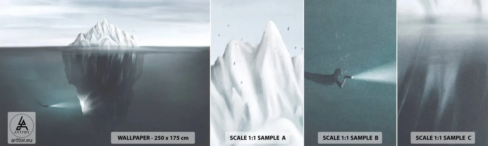 Fototapeten Muster Selbstklebend Deluxe Sticker - Unterwassergeheimnis - Eisberg, Gletscher, Taucher - 100x30 cm