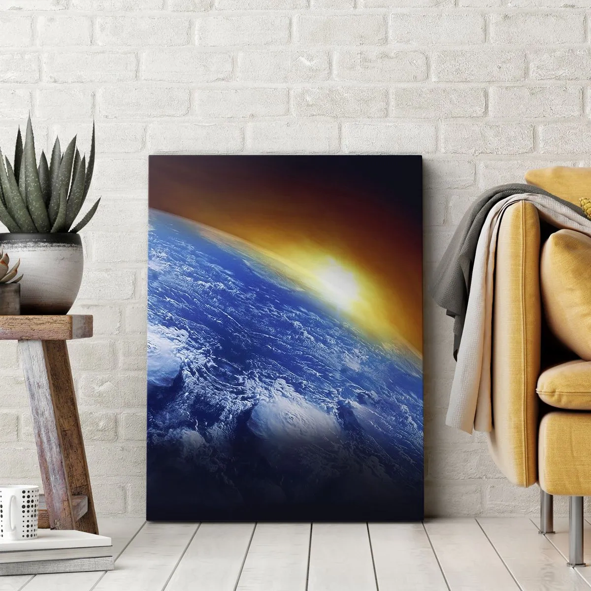Bild auf Leinwand - Leinwandbild - Sonnenaufgang über dem blauen Planeten - 65x120 cm