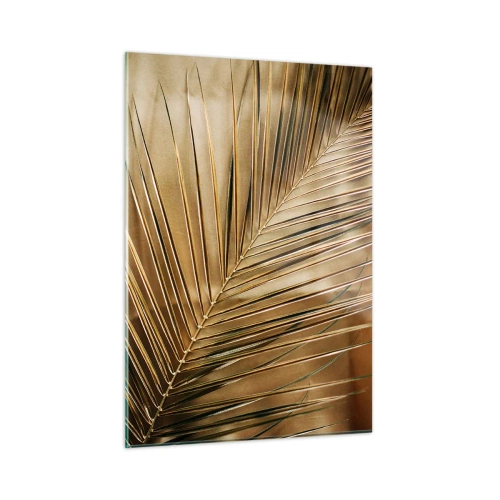 Glasbild - Bild auf glas - Nahaufnahme eines Palmblattes in goldbraunen Tönen - 50x70cm - Natürliche Kolonnade - Moderne Wanddekoration für Wohnzimmer und Schlafzimmer ARTTOR