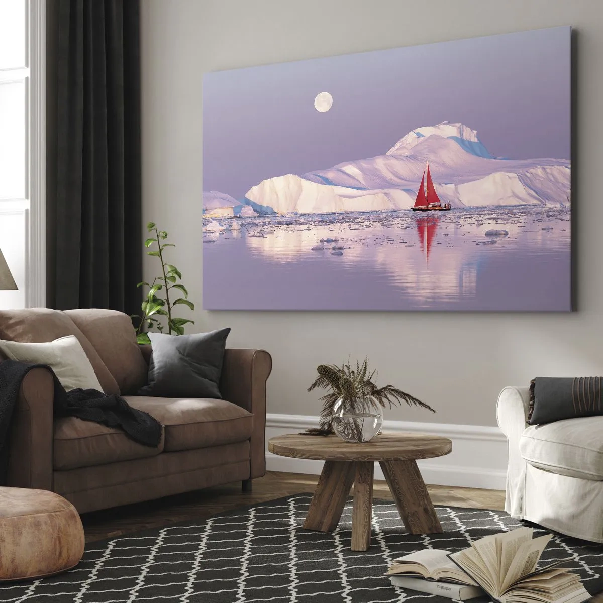 Bild auf Leinwand - Leinwandbild - Ein rotes Segel vor der Kulisse eisiger Berge und eines Vollmonds. - 100x70cm - Die Hitze des Segels, die Kälte des Eises - Moderne Wanddekoration für Wohnzimmer und Schlafzimmer ARTTOR