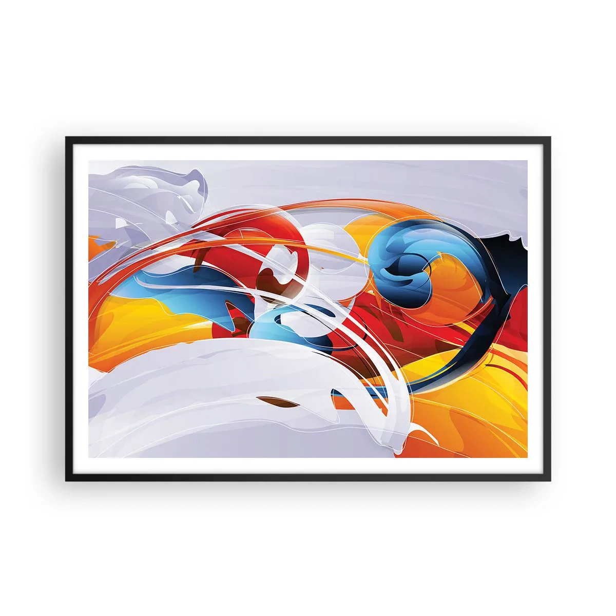 Poster in einem schwarzem Rahmen - Bunte Abstraktion mit dynamischen Linien und lebendigen Farben - 100x70cm - Der Tanz der Elemente - Moderne Wanddekoration für Wohnzimmer und Schlafzimmer ARTTOR