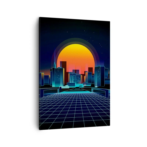 Bild auf Leinwand - Leinwandbild - Futuristische Skyline im Neon-Stil - 50x70cm - Willst du immer noch zu Real gehen? - Moderne Wanddekoration für Wohnzimmer und Schlafzimmer ARTTOR