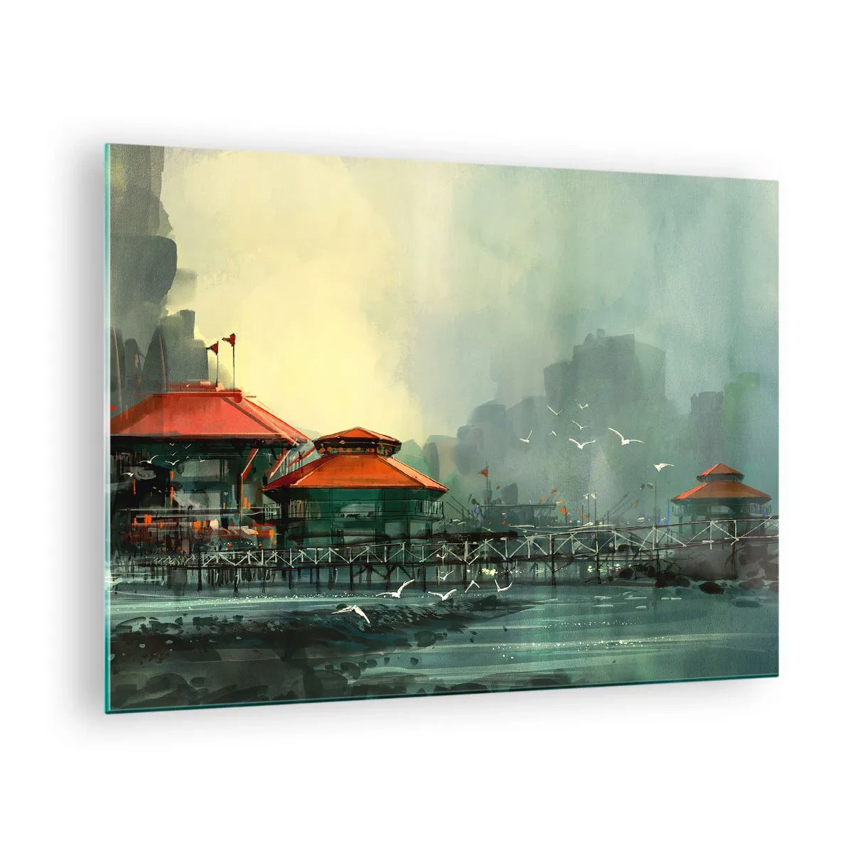 Glasbild - Bild auf glas - Hafengebäude mit roten Dächern im Nebel - 70x50cm - Ein sonniger Tag im Hafen - Moderne Wanddekoration für Wohnzimmer und Schlafzimmer ARTTOR
