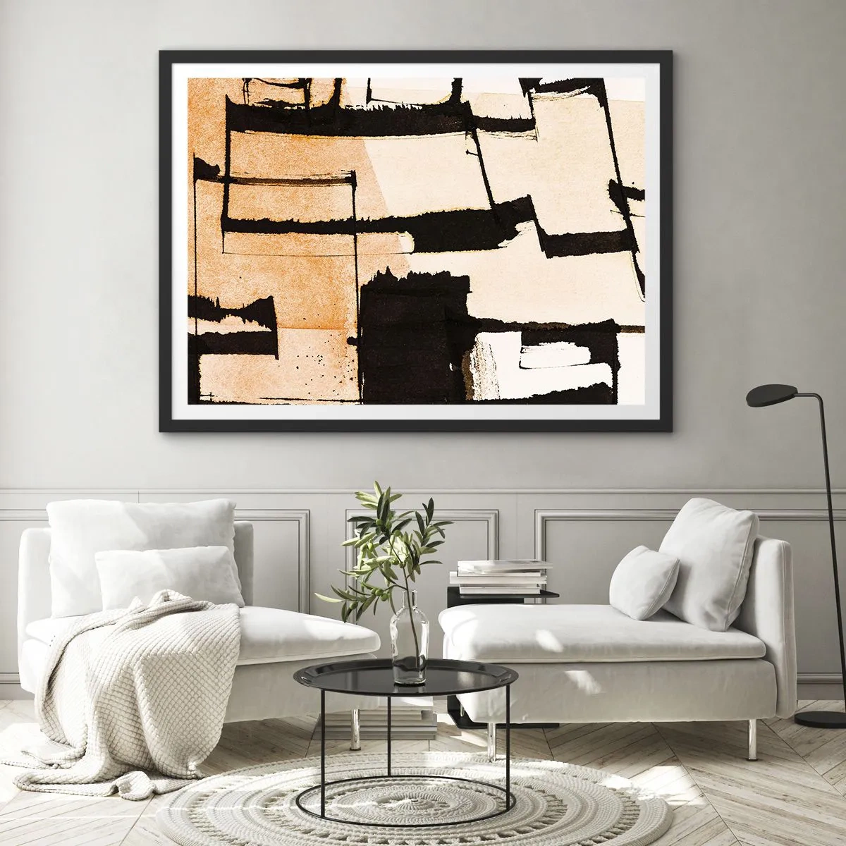 Poster in einem schwarzem Rahmen - Geometrische Muster in Braun- und Beigetönen - 70x50cm - Also doch Ordnung - Moderne Wanddekoration für Wohnzimmer und Schlafzimmer ARTTOR
