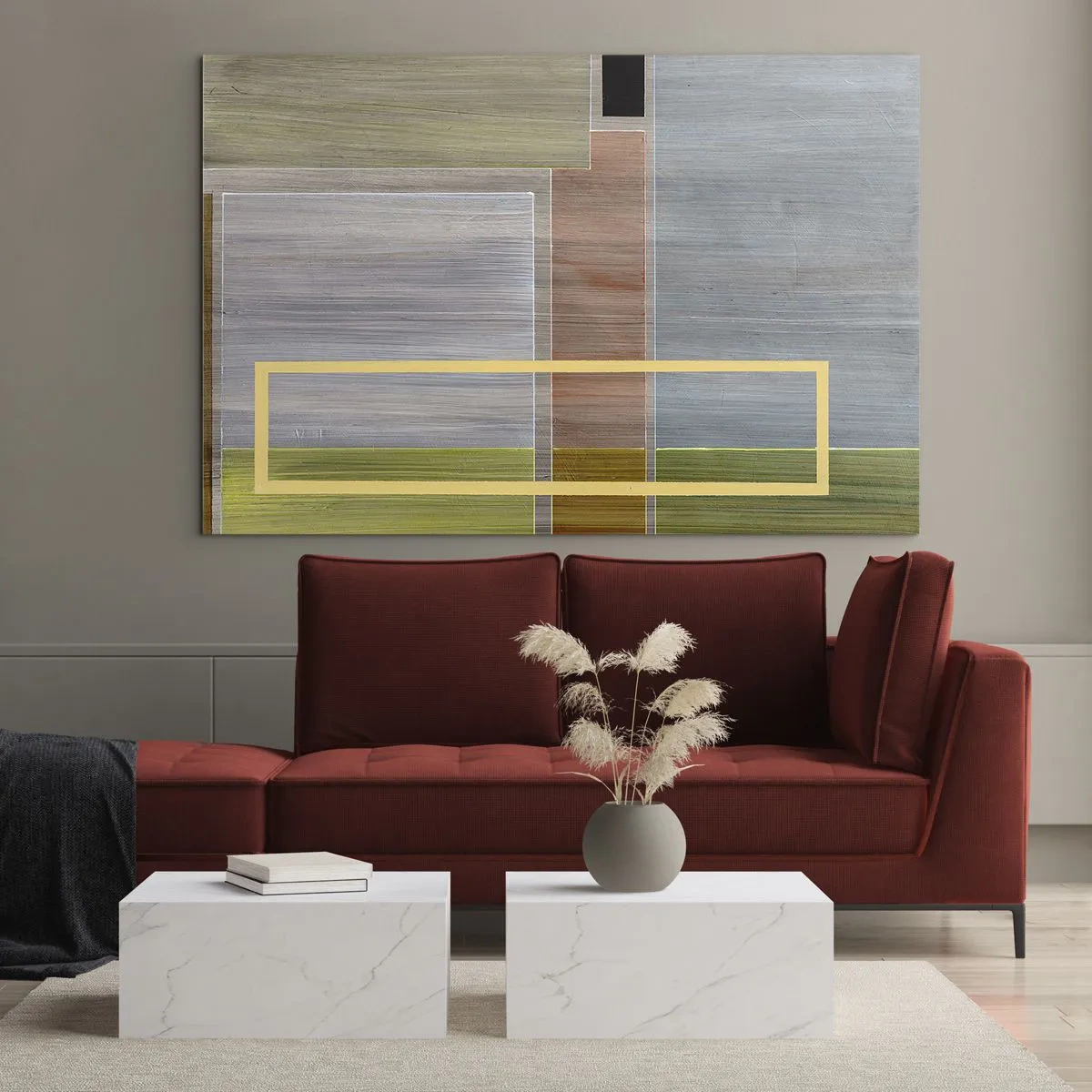 Glasbild - Bild auf glas - Moderne Abstraktion mit rechteckigen Formen und erdigen Farben - 70x50cm - Einfach und ruhig - Moderne Wanddekoration für Wohnzimmer und Schlafzimmer ARTTOR